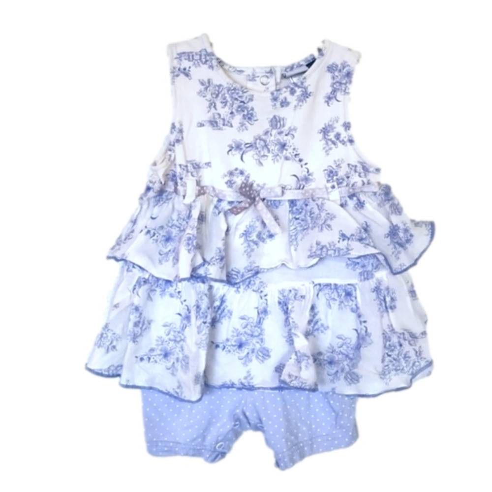 VITAMINS KIDS White and Light Blue Ruffle Romper with Floral/Small Town Patter